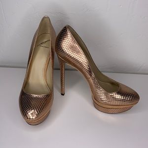 Brian Atwood rose gold snake skin stilettos